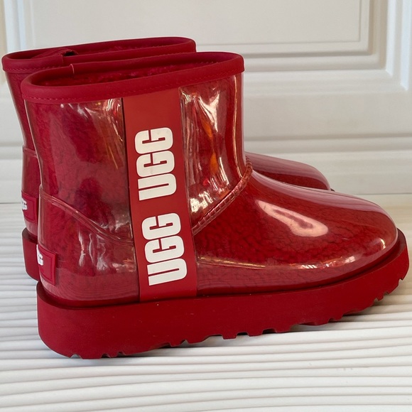 ❤️ UGG Women Classic Clear Mini RED Waterproof Round Toe Pull-On Rain Boots Sz 5